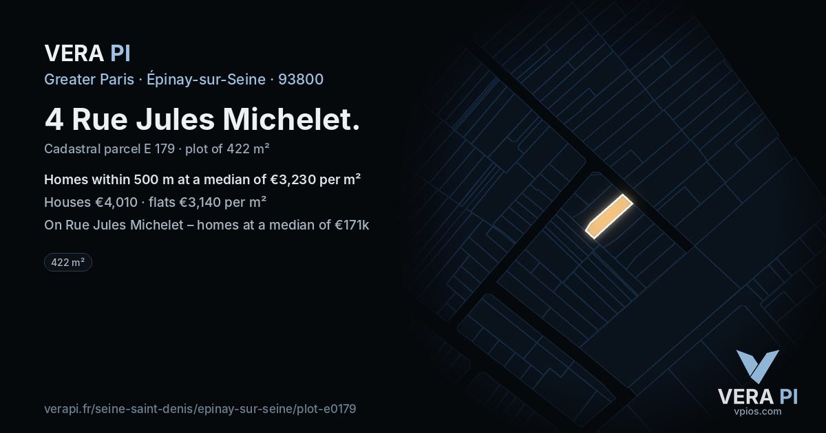 4 Rue Jules Michelet, Épinay-sur-Seine at night – the plot lit, the parcels around coloured by the prices near them
