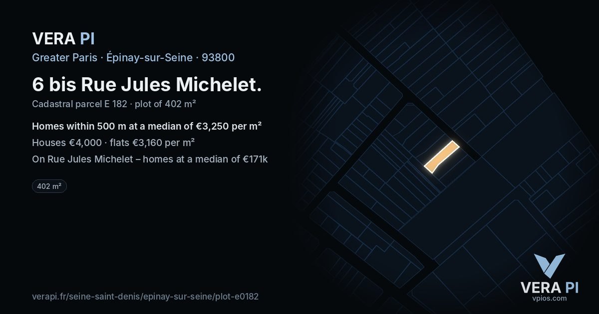 6 bis Rue Jules Michelet, Épinay-sur-Seine at night – the plot lit, the parcels around coloured by the prices near them