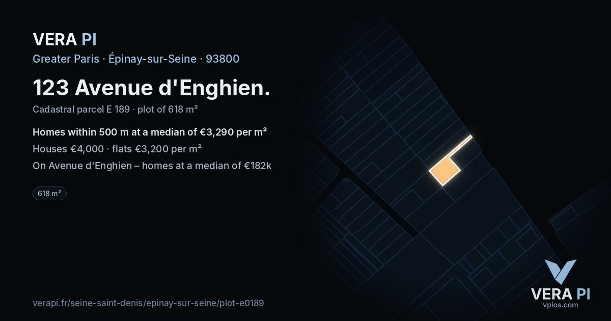 123 Avenue d'Enghien, Épinay-sur-Seine at night – the plot lit, the parcels around coloured by the prices near them