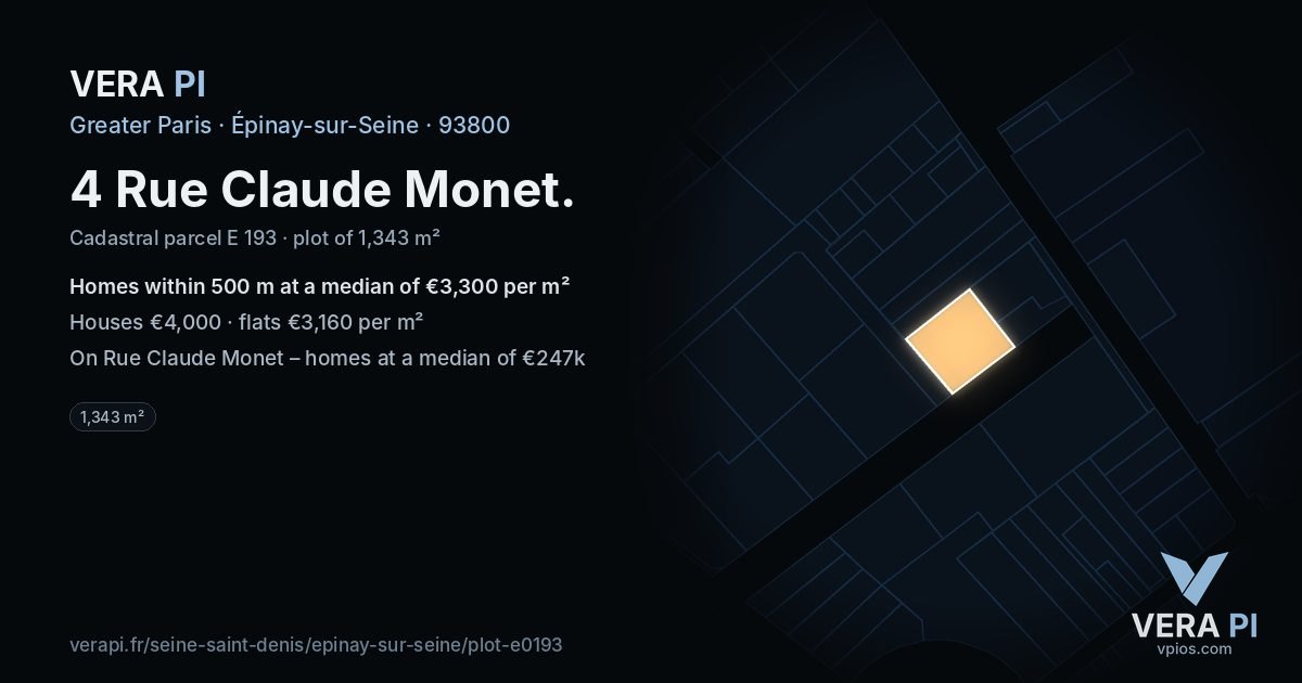 4 Rue Claude Monet, Épinay-sur-Seine at night – the plot lit, the parcels around coloured by the prices near them
