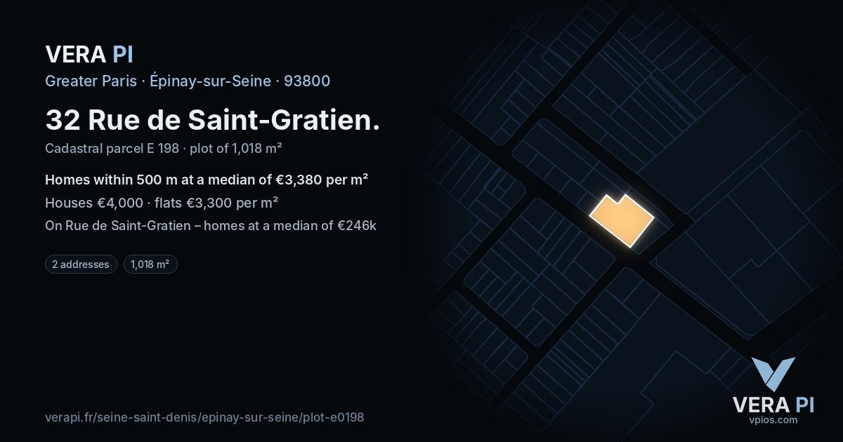 32 Rue de Saint-Gratien, Épinay-sur-Seine at night – the plot lit, the parcels around coloured by the prices near them