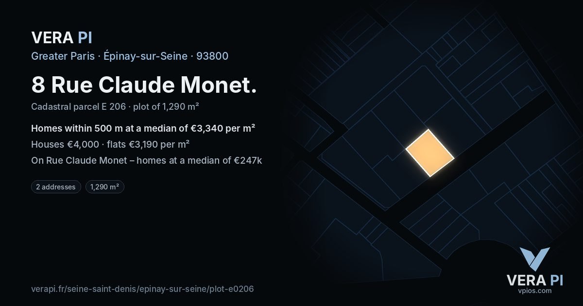 8 Rue Claude Monet, Épinay-sur-Seine at night – the plot lit, the parcels around coloured by the prices near them