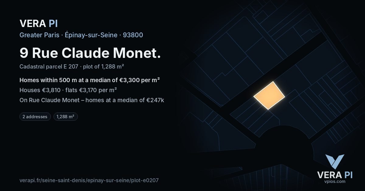 9 Rue Claude Monet, Épinay-sur-Seine at night – the plot lit, the parcels around coloured by the prices near them
