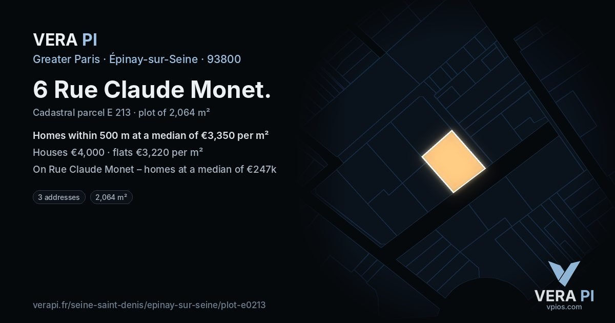 6 Rue Claude Monet, Épinay-sur-Seine at night – the plot lit, the parcels around coloured by the prices near them