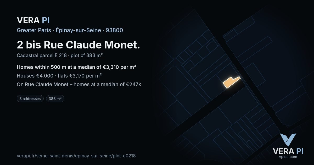 2 bis Rue Claude Monet, Épinay-sur-Seine at night – the plot lit, the parcels around coloured by the prices near them