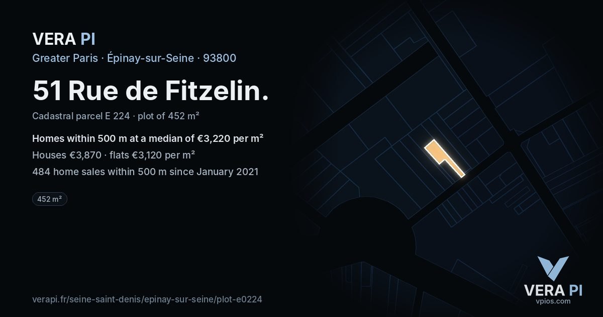 51 Rue de Fitzelin, Épinay-sur-Seine at night – the plot lit, the parcels around coloured by the prices near them