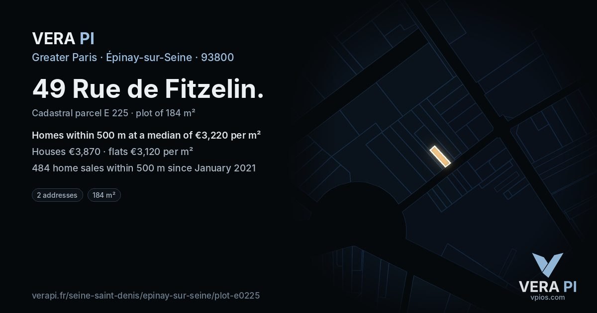 49 Rue de Fitzelin, Épinay-sur-Seine at night – the plot lit, the parcels around coloured by the prices near them
