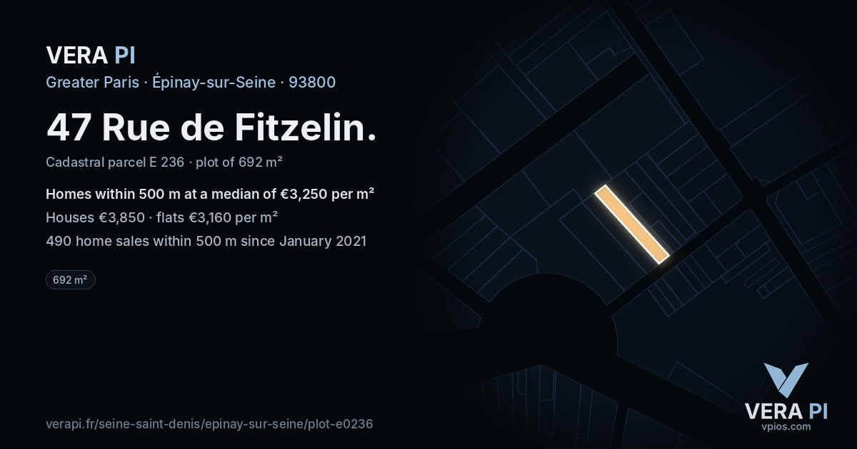 47 Rue de Fitzelin, Épinay-sur-Seine at night – the plot lit, the parcels around coloured by the prices near them