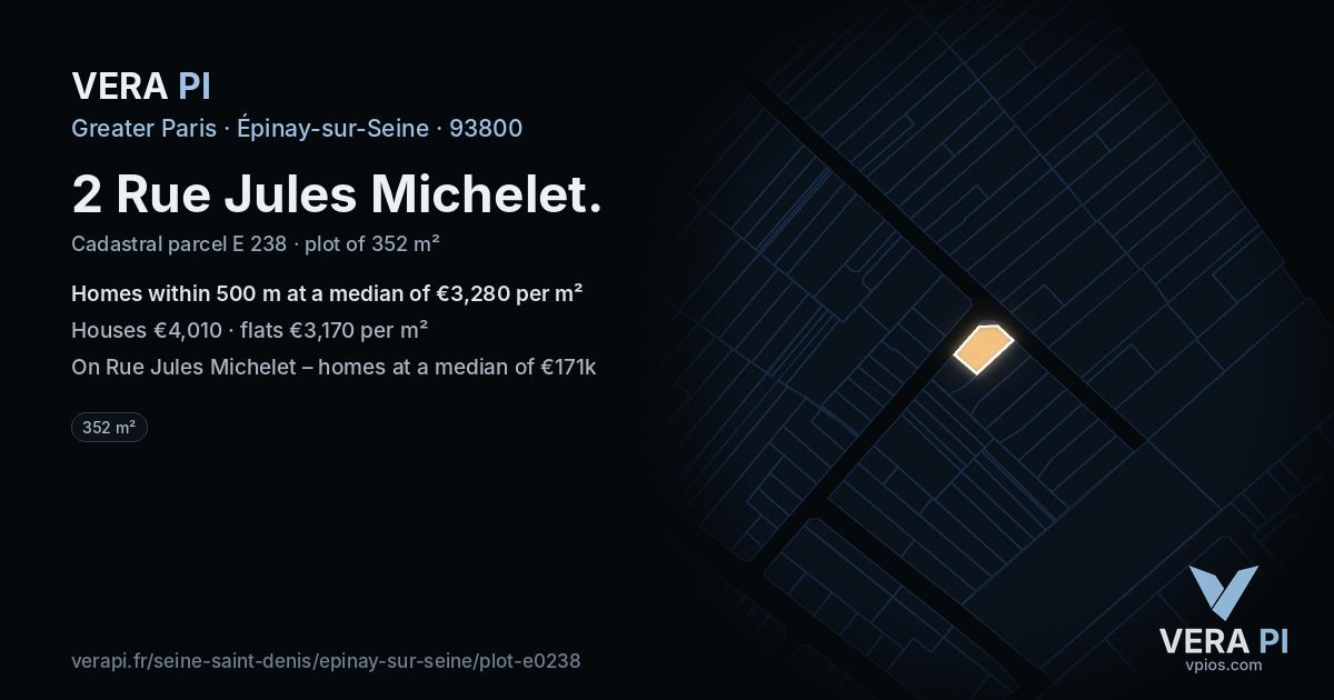 2 Rue Jules Michelet, Épinay-sur-Seine at night – the plot lit, the parcels around coloured by the prices near them