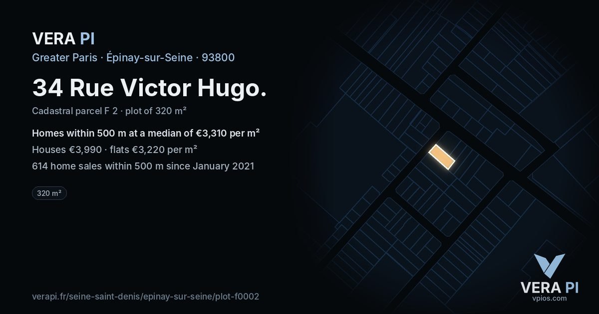 34 Rue Victor Hugo, Épinay-sur-Seine at night – the plot lit, the parcels around coloured by the prices near them