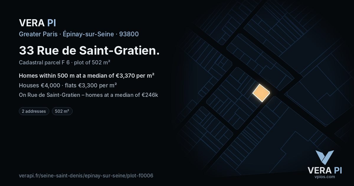 33 Rue de Saint-Gratien, Épinay-sur-Seine at night – the plot lit, the parcels around coloured by the prices near them