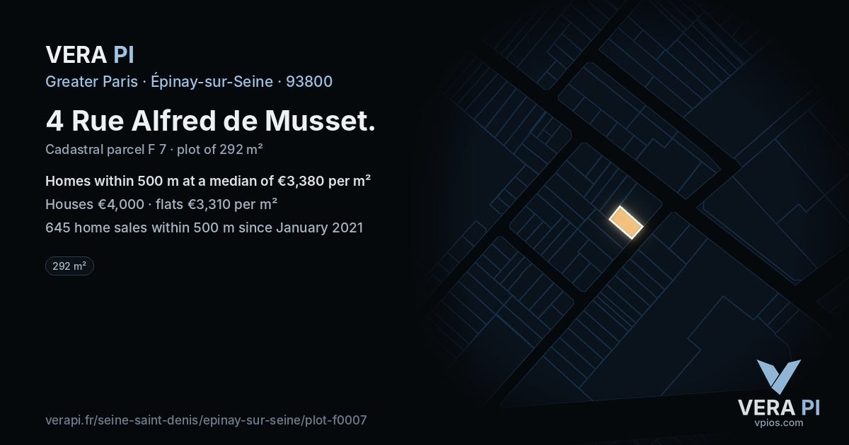 4 Rue Alfred de Musset, Épinay-sur-Seine at night – the plot lit, the parcels around coloured by the prices near them
