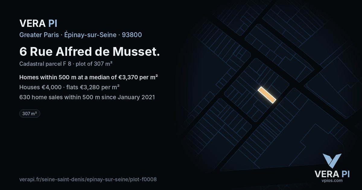 6 Rue Alfred de Musset, Épinay-sur-Seine at night – the plot lit, the parcels around coloured by the prices near them