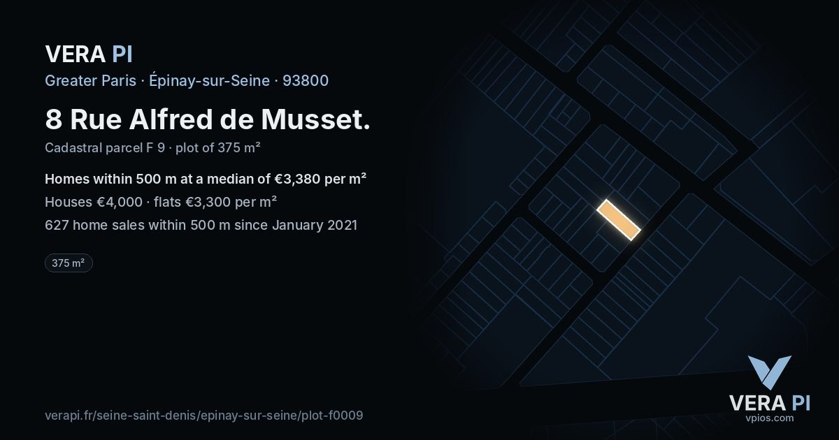 8 Rue Alfred de Musset, Épinay-sur-Seine at night – the plot lit, the parcels around coloured by the prices near them