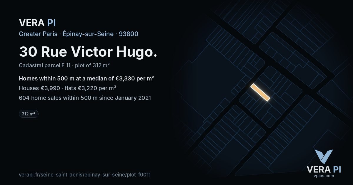 30 Rue Victor Hugo, Épinay-sur-Seine at night – the plot lit, the parcels around coloured by the prices near them