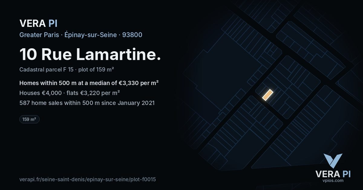 10 Rue Lamartine, Épinay-sur-Seine at night – the plot lit, the parcels around coloured by the prices near them