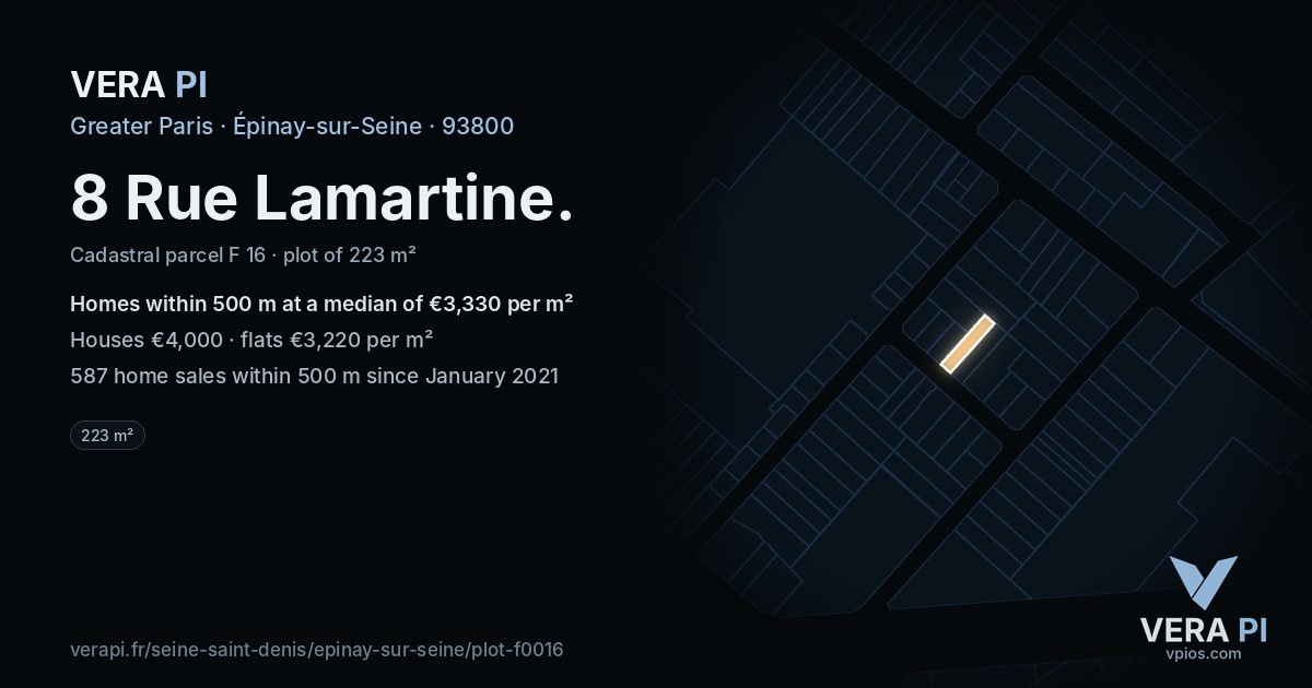 8 Rue Lamartine, Épinay-sur-Seine at night – the plot lit, the parcels around coloured by the prices near them