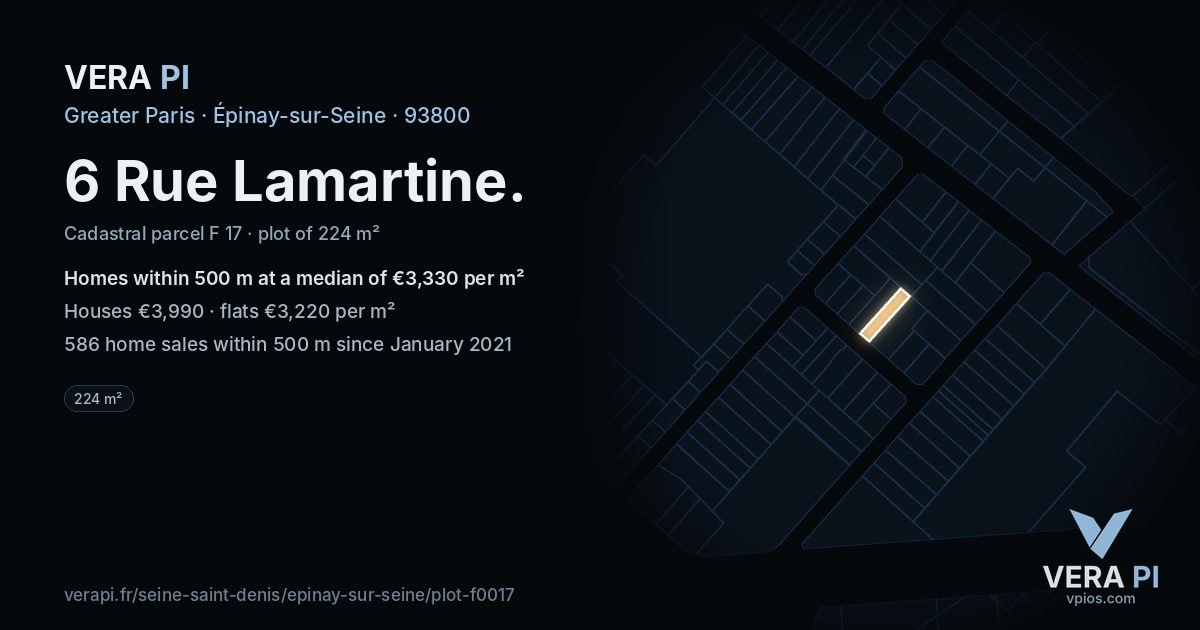 6 Rue Lamartine, Épinay-sur-Seine at night – the plot lit, the parcels around coloured by the prices near them