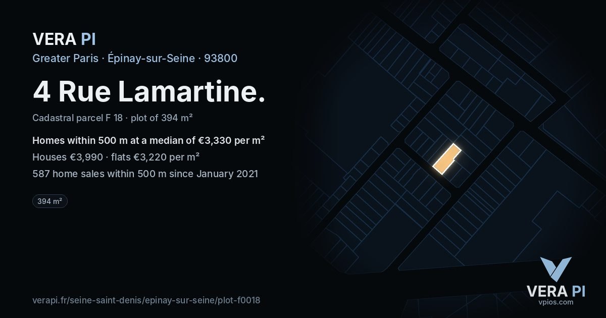 4 Rue Lamartine, Épinay-sur-Seine at night – the plot lit, the parcels around coloured by the prices near them