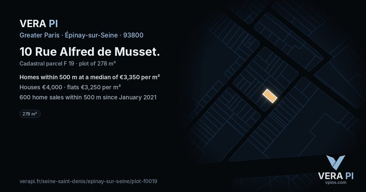 10 Rue Alfred de Musset, Épinay-sur-Seine at night – the plot lit, the parcels around coloured by the prices near them