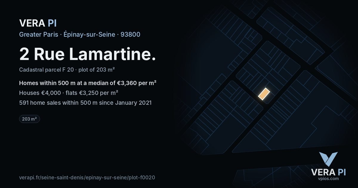 2 Rue Lamartine, Épinay-sur-Seine at night – the plot lit, the parcels around coloured by the prices near them