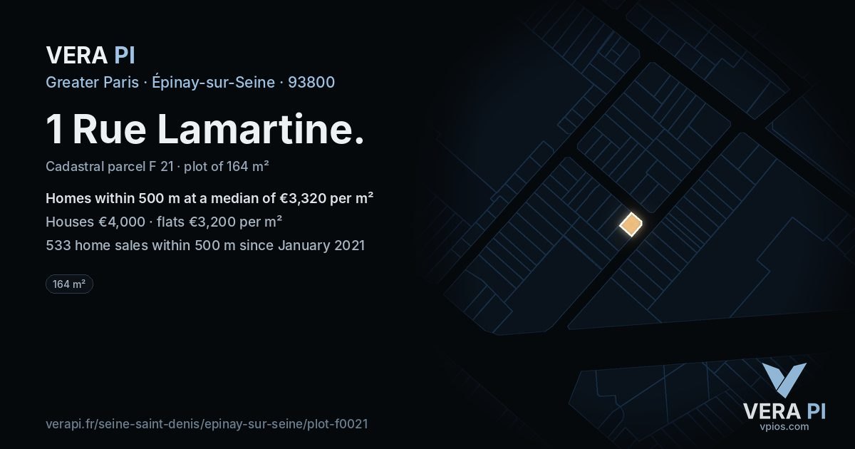 1 Rue Lamartine, Épinay-sur-Seine at night – the plot lit, the parcels around coloured by the prices near them