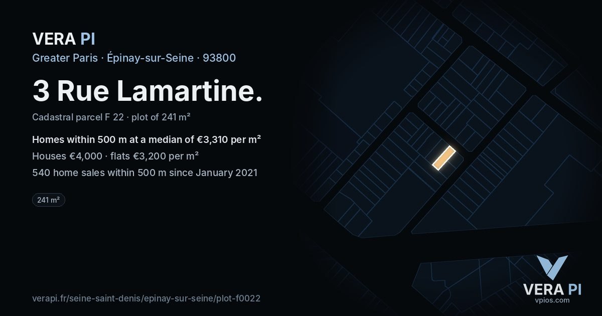 3 Rue Lamartine, Épinay-sur-Seine at night – the plot lit, the parcels around coloured by the prices near them