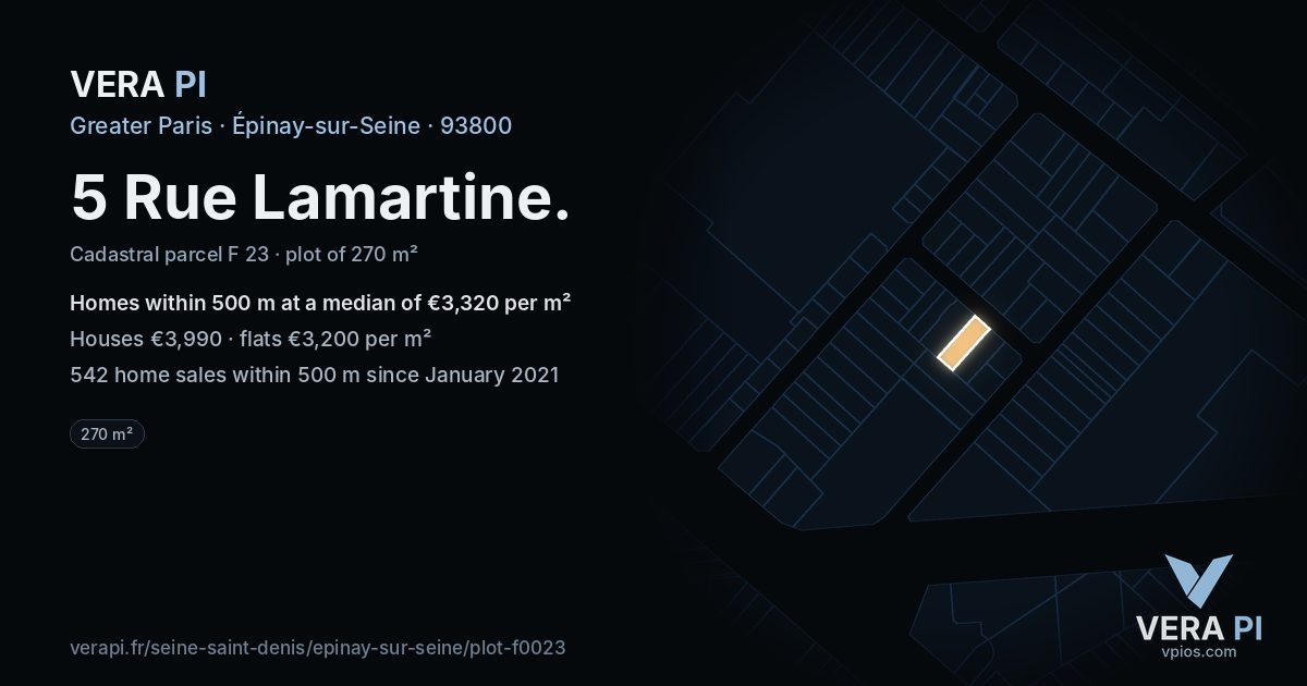 5 Rue Lamartine, Épinay-sur-Seine at night – the plot lit, the parcels around coloured by the prices near them