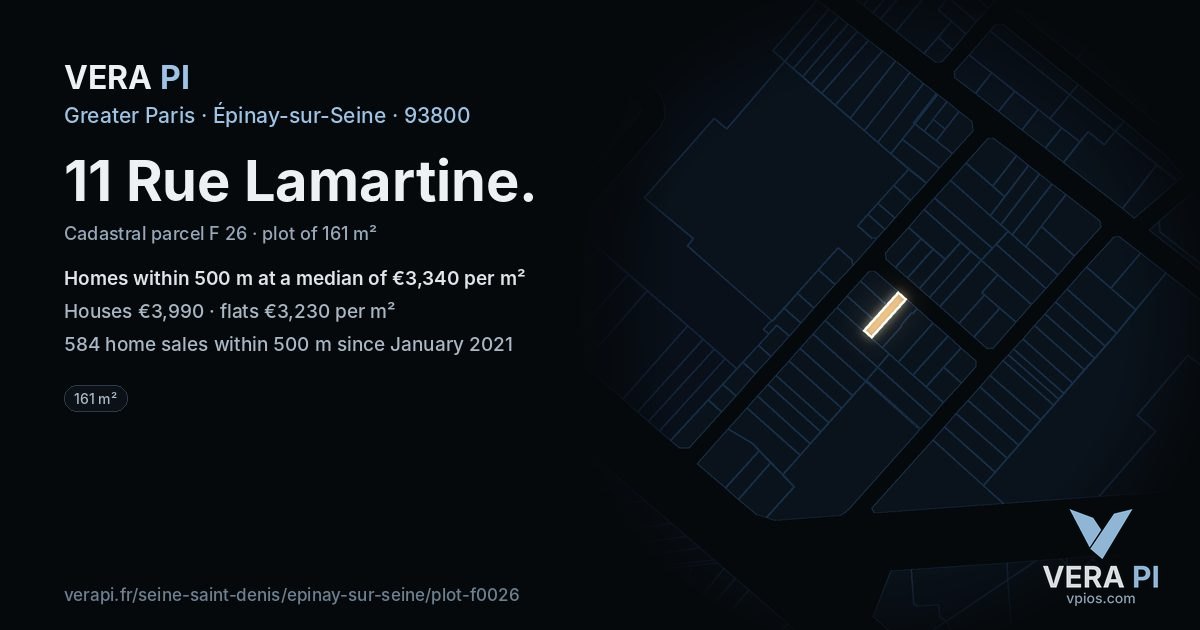 11 Rue Lamartine, Épinay-sur-Seine at night – the plot lit, the parcels around coloured by the prices near them