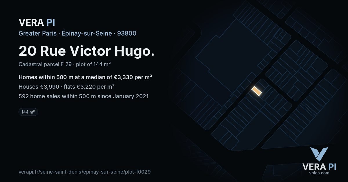 20 Rue Victor Hugo, Épinay-sur-Seine at night – the plot lit, the parcels around coloured by the prices near them