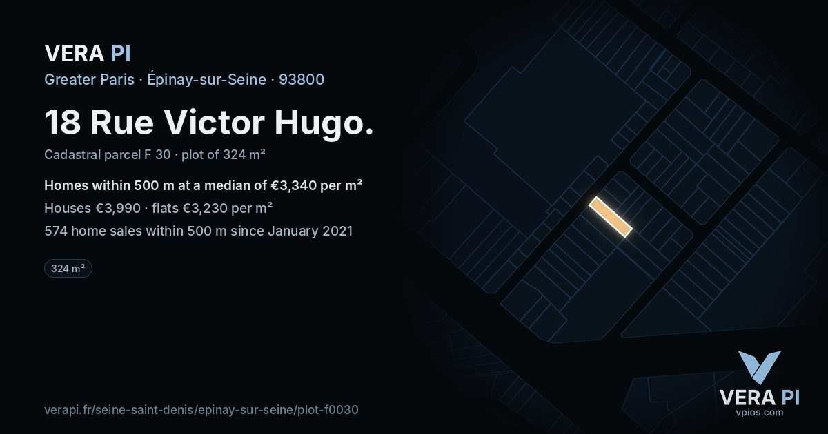 18 Rue Victor Hugo, Épinay-sur-Seine at night – the plot lit, the parcels around coloured by the prices near them