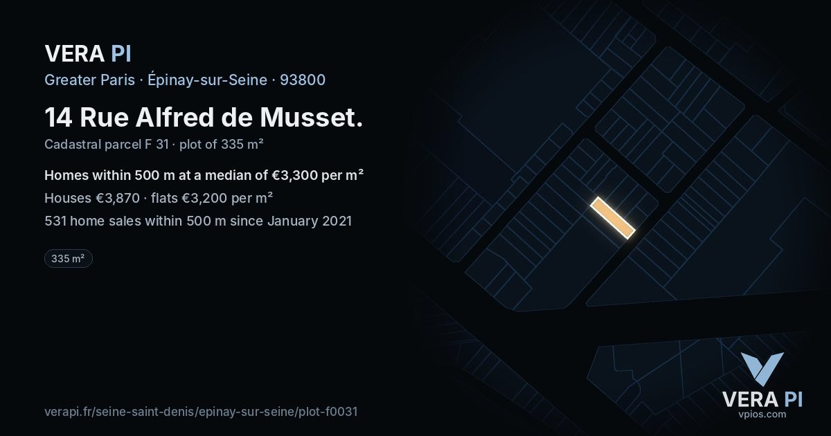 14 Rue Alfred de Musset, Épinay-sur-Seine at night – the plot lit, the parcels around coloured by the prices near them