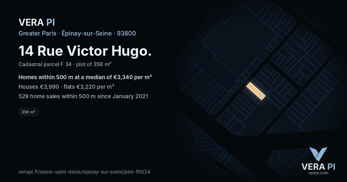 14 Rue Victor Hugo, Épinay-sur-Seine at night – the plot lit, the parcels around coloured by the prices near them