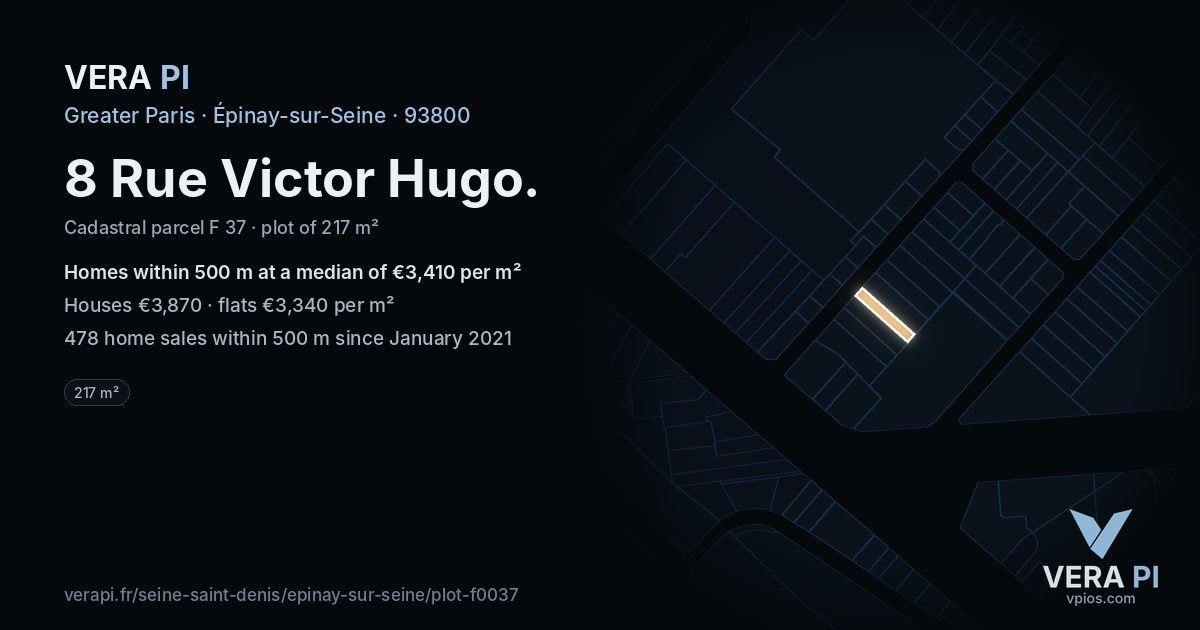 8 Rue Victor Hugo, Épinay-sur-Seine at night – the plot lit, the parcels around coloured by the prices near them