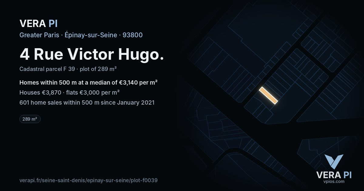 4 Rue Victor Hugo, Épinay-sur-Seine at night – the plot lit, the parcels around coloured by the prices near them