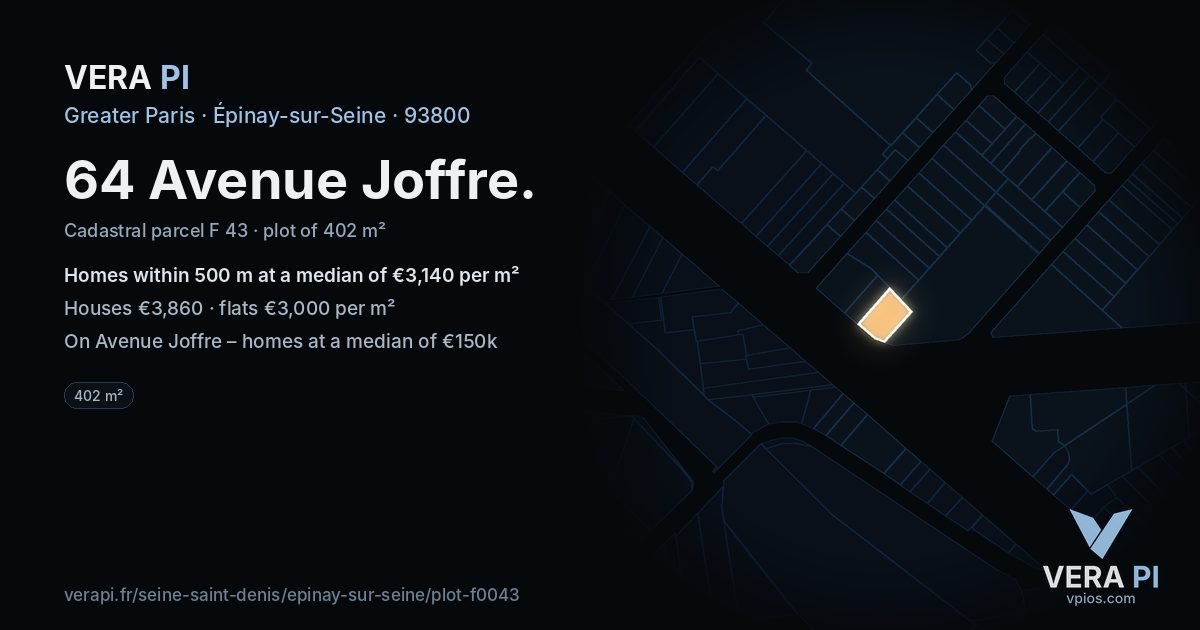 64 Avenue Joffre, Épinay-sur-Seine at night – the plot lit, the parcels around coloured by the prices near them