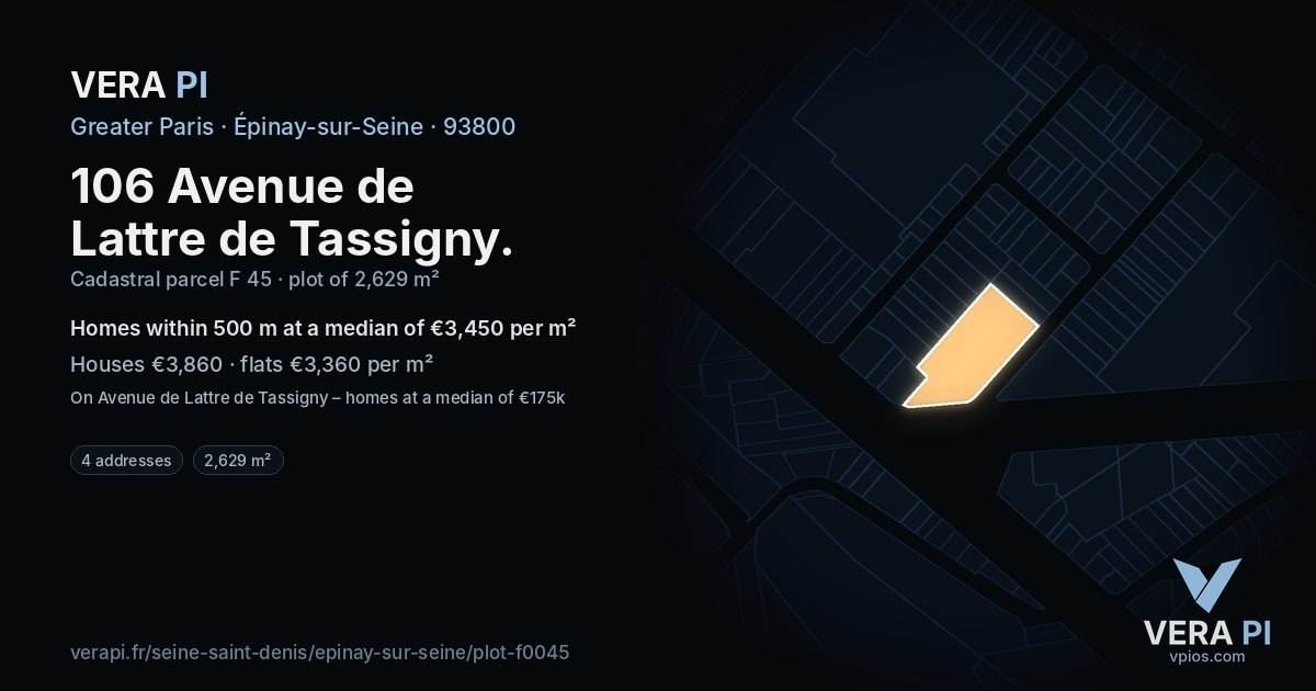 106 Avenue de Lattre de Tassigny, Épinay-sur-Seine at night – the plot lit, the parcels around coloured by the prices near them