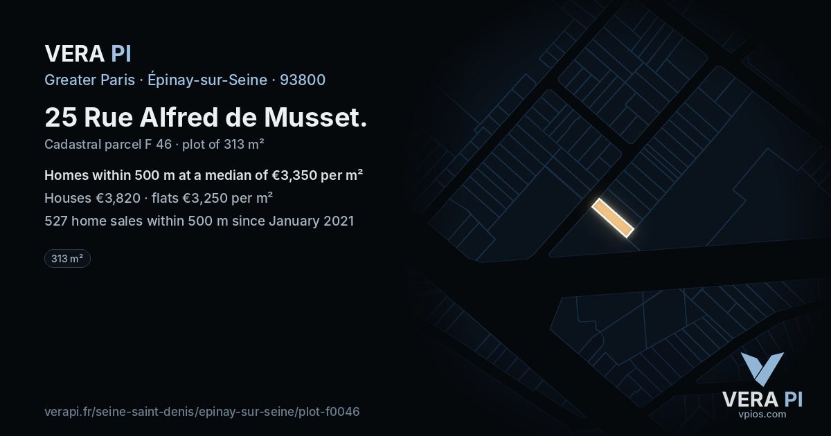 25 Rue Alfred de Musset, Épinay-sur-Seine at night – the plot lit, the parcels around coloured by the prices near them