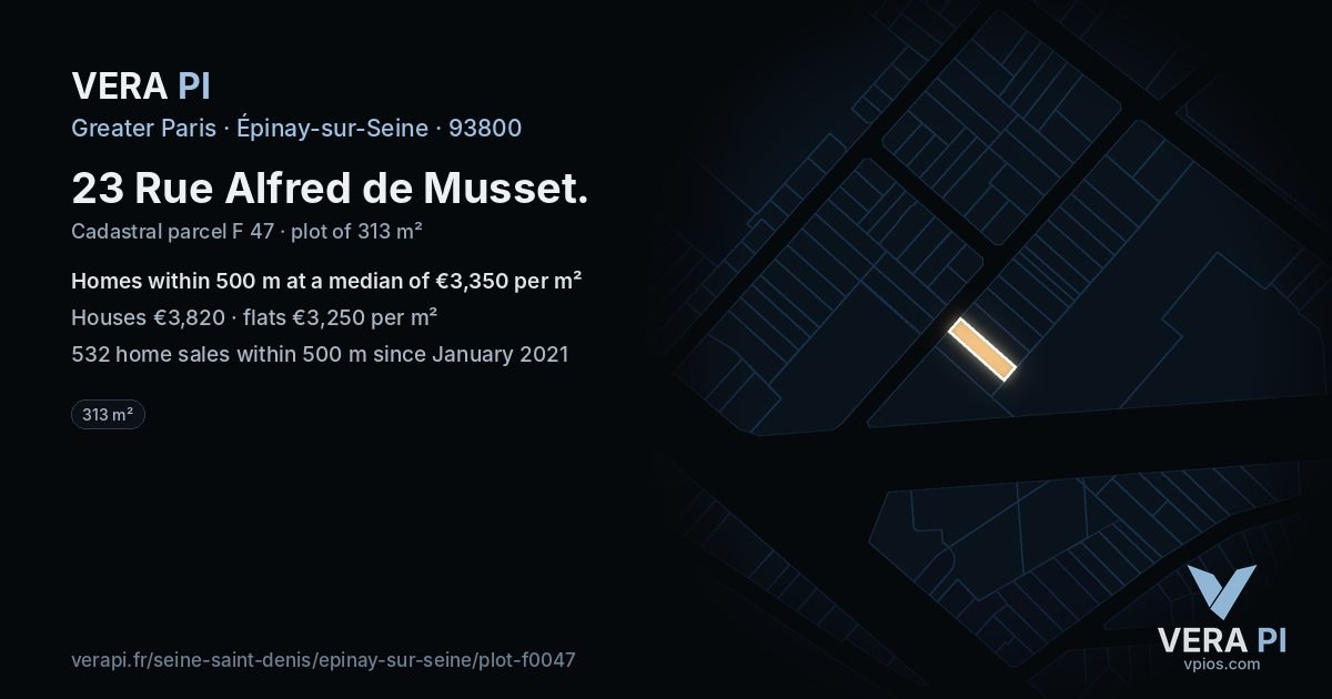 23 Rue Alfred de Musset, Épinay-sur-Seine at night – the plot lit, the parcels around coloured by the prices near them