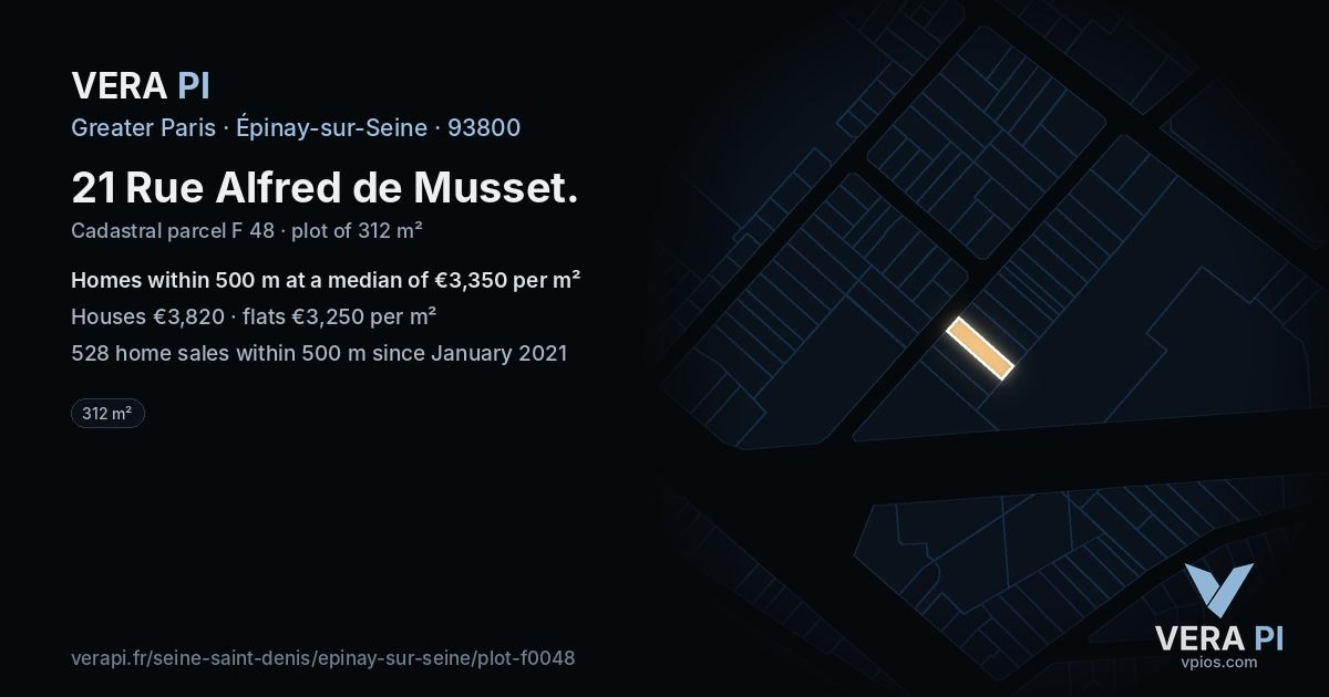 21 Rue Alfred de Musset, Épinay-sur-Seine at night – the plot lit, the parcels around coloured by the prices near them