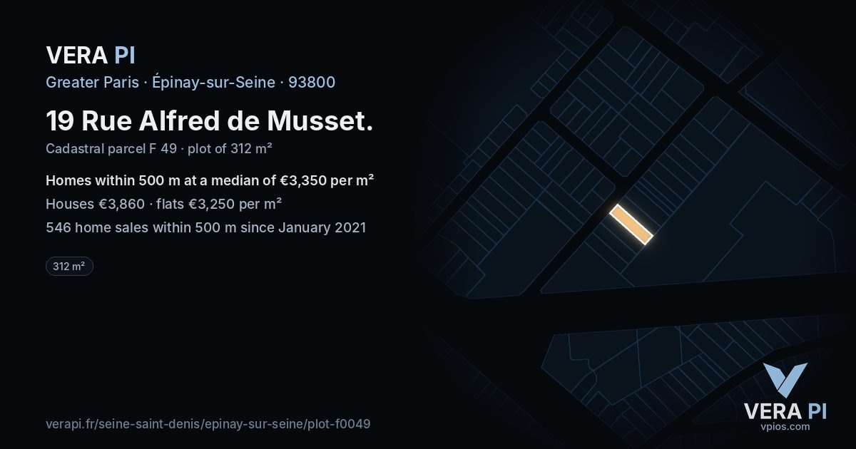 19 Rue Alfred de Musset, Épinay-sur-Seine at night – the plot lit, the parcels around coloured by the prices near them