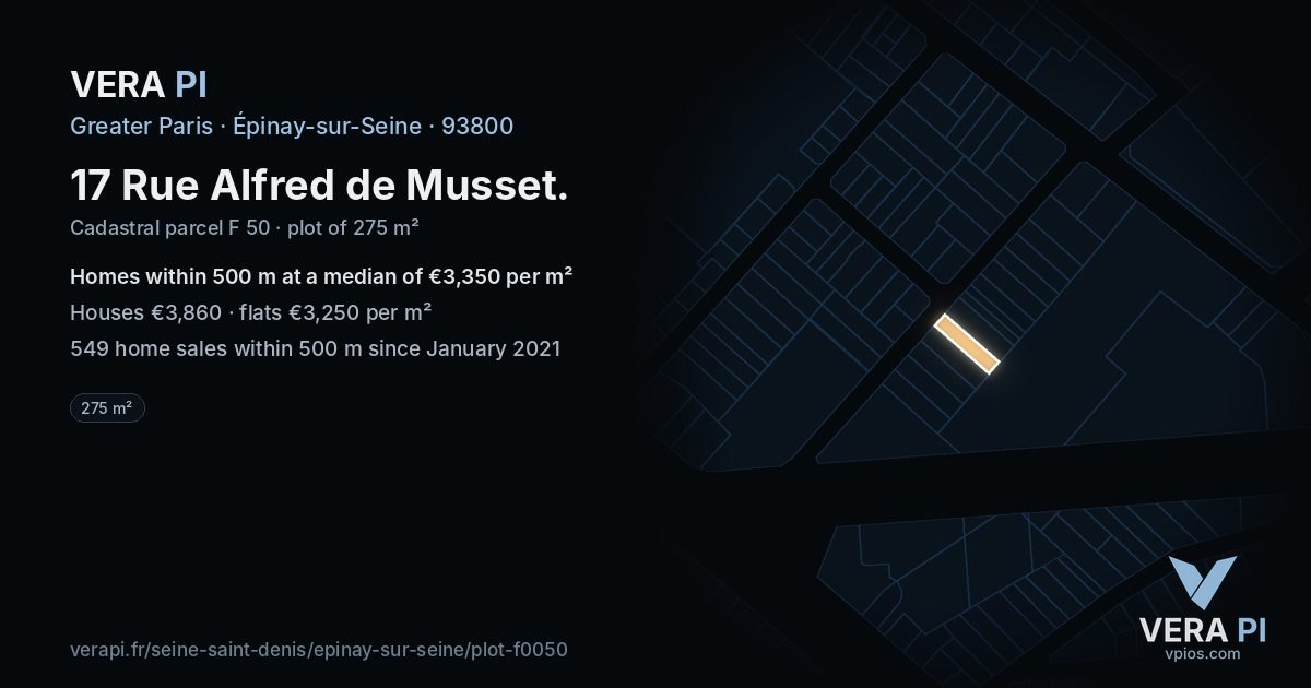 17 Rue Alfred de Musset, Épinay-sur-Seine at night – the plot lit, the parcels around coloured by the prices near them
