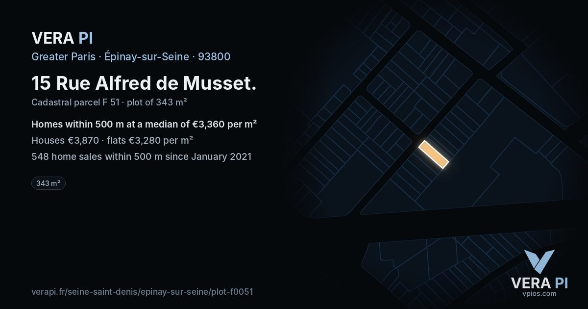 15 Rue Alfred de Musset, Épinay-sur-Seine at night – the plot lit, the parcels around coloured by the prices near them