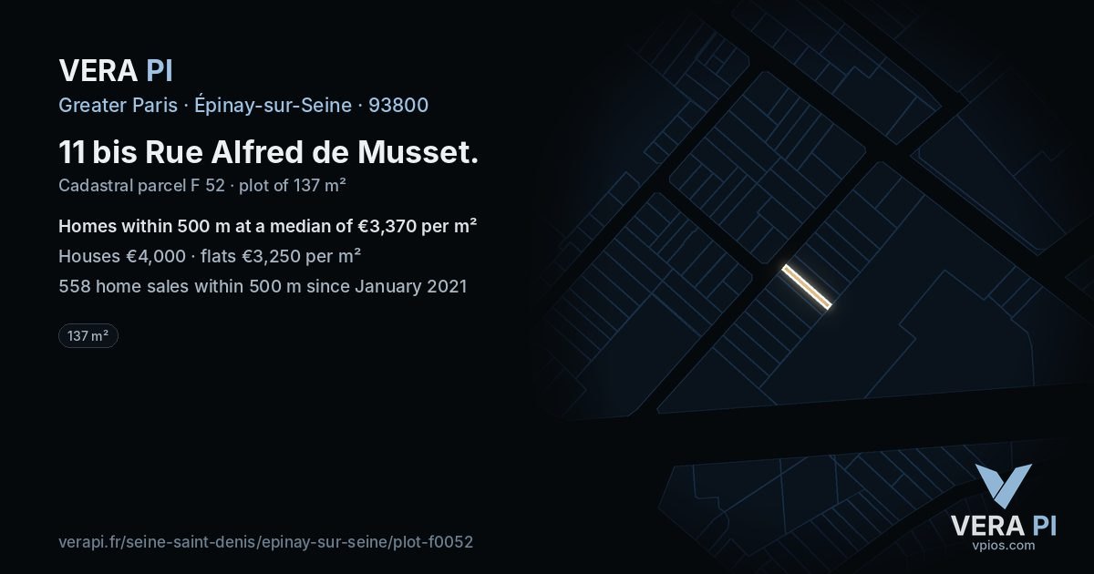 11 bis Rue Alfred de Musset, Épinay-sur-Seine at night – the plot lit, the parcels around coloured by the prices near them