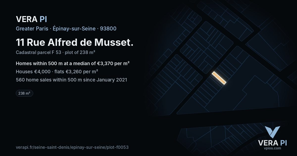11 Rue Alfred de Musset, Épinay-sur-Seine at night – the plot lit, the parcels around coloured by the prices near them
