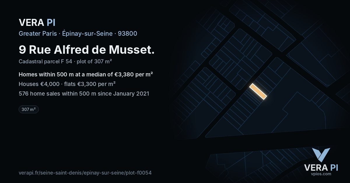 9 Rue Alfred de Musset, Épinay-sur-Seine at night – the plot lit, the parcels around coloured by the prices near them