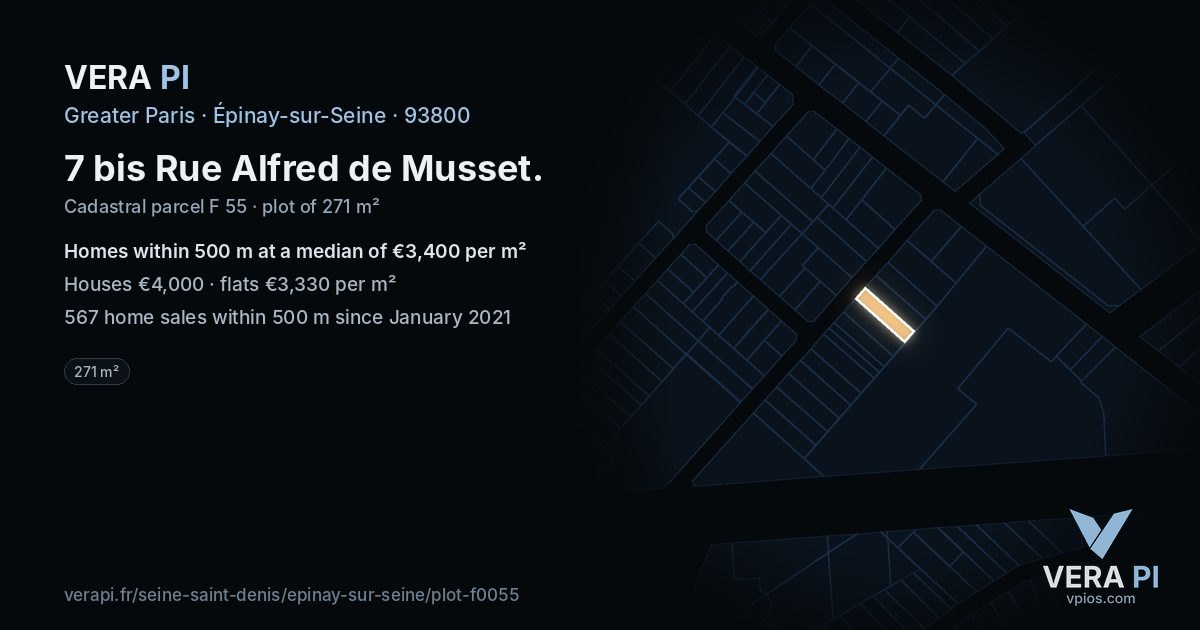 7 bis Rue Alfred de Musset, Épinay-sur-Seine at night – the plot lit, the parcels around coloured by the prices near them
