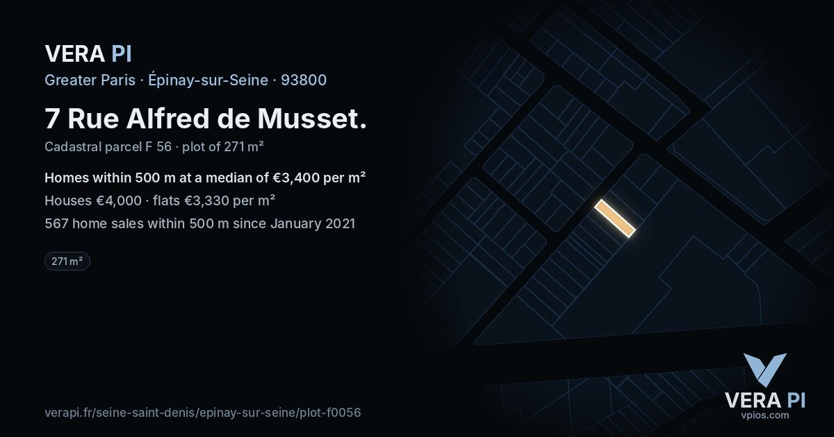 7 Rue Alfred de Musset, Épinay-sur-Seine at night – the plot lit, the parcels around coloured by the prices near them