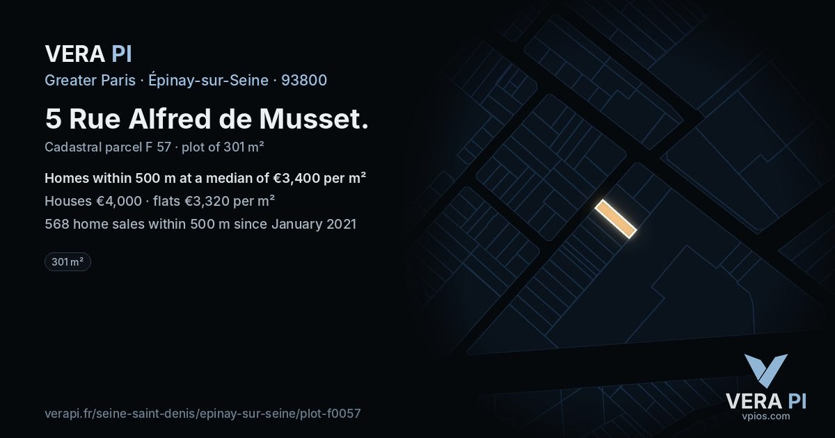 5 Rue Alfred de Musset, Épinay-sur-Seine at night – the plot lit, the parcels around coloured by the prices near them