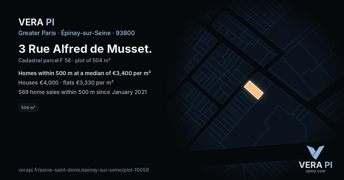 3 Rue Alfred de Musset, Épinay-sur-Seine at night – the plot lit, the parcels around coloured by the prices near them